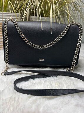 DKNY Bryant Park Black Saffiano Leather Crossbody Silver Chain Bag